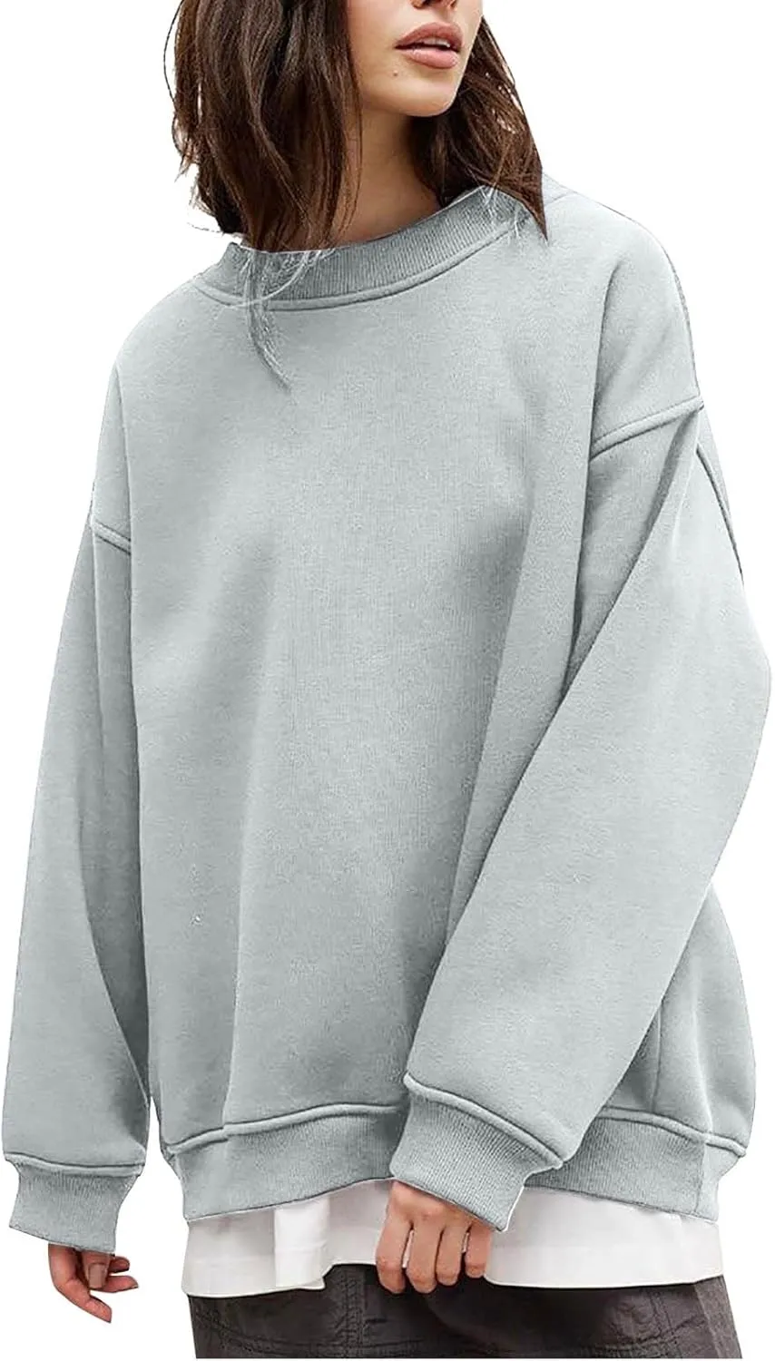 Womens Crew Neck Solid Color Sweatshirts Tops Long Sleeve Casual Pullover Cute Lightweight Loose Tops Fall Winter