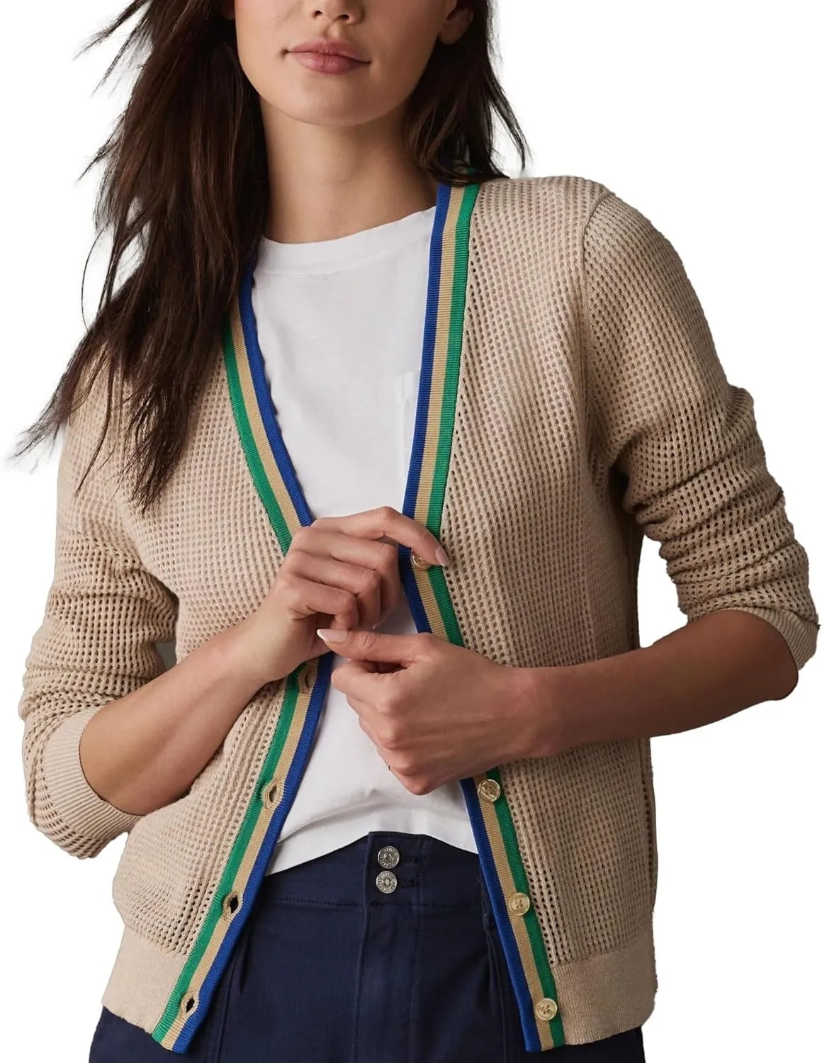 Women's Crochet Cardigan Sweater Color Blocking Hollow Out Long Sleeve Button Down Loose Fit Cardigan
