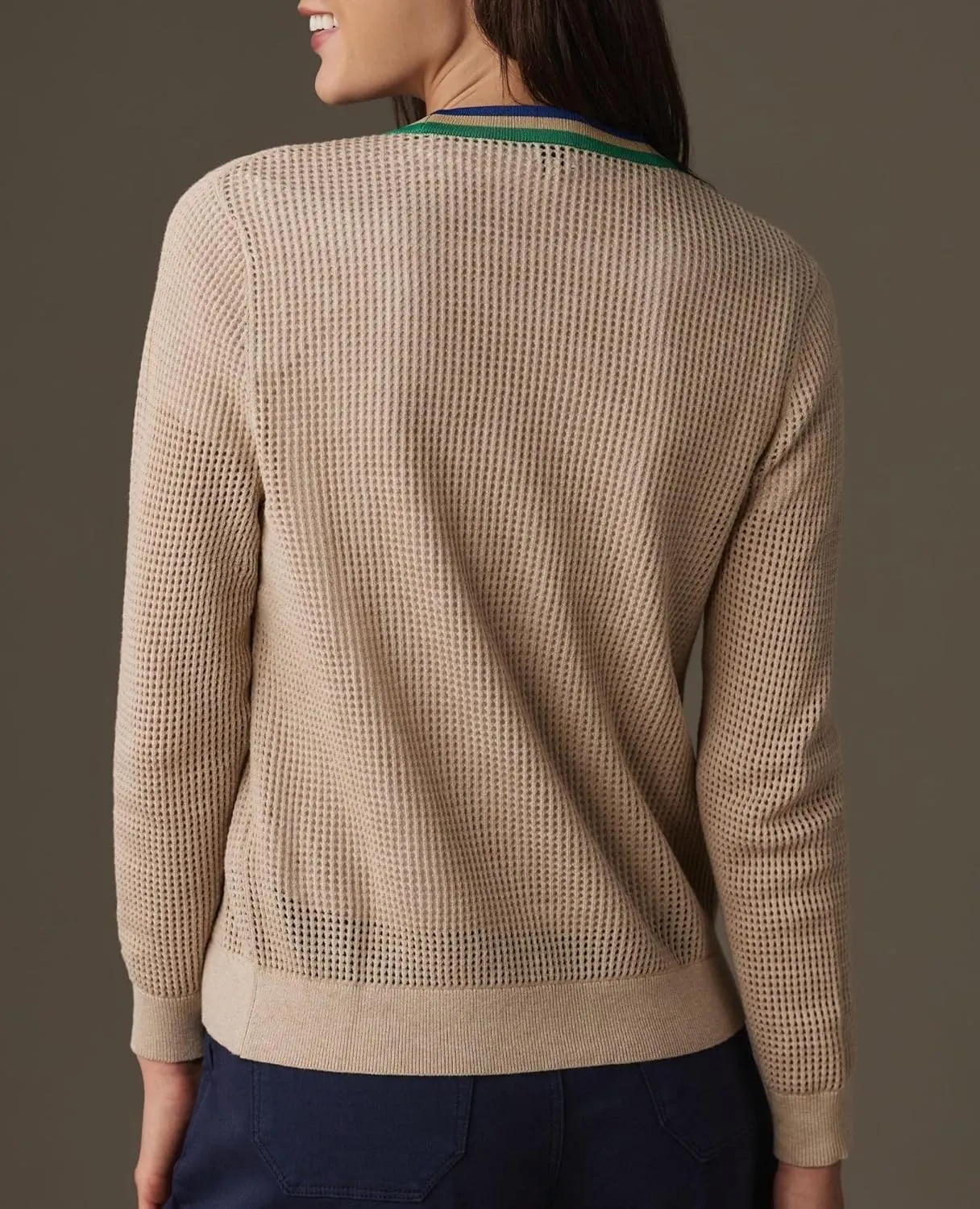Women's Crochet Cardigan Sweater Color Blocking Hollow Out Long Sleeve Button Down Loose Fit Cardigan