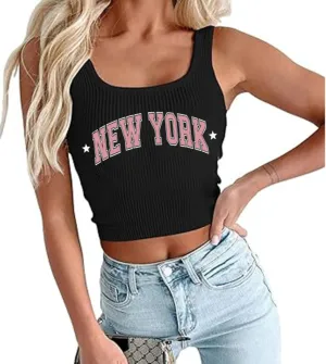 Women's Crop Tops Los Angeles Sleeveless Graphic Letter Tank Tops Knit Vest Slim Fit for Teen Girls