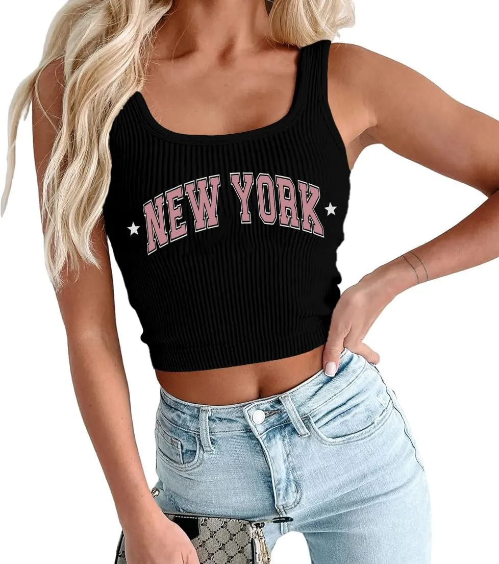Women's Crop Tops Los Angeles Sleeveless Graphic Letter Tank Tops Knit Vest Slim Fit for Teen Girls