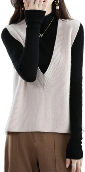 Women's Deep V-Neck Knitted Vest Sweater 100% Merino Wool Sleeveless Pullover Basic Blouse Short Tops
