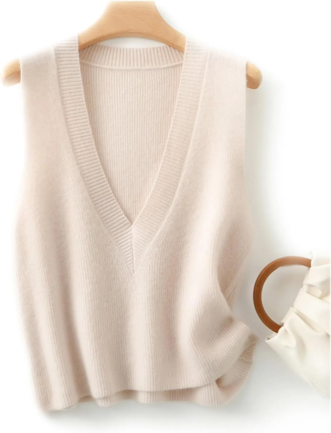 Women's Deep V-Neck Knitted Vest Sweater 100% Merino Wool Sleeveless Pullover Basic Blouse Short Tops