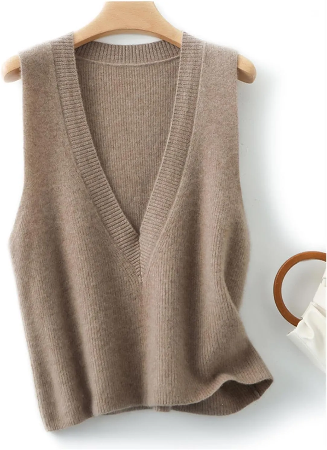 Women's Deep V-Neck Knitted Vest Sweater 100% Merino Wool Sleeveless Pullover Basic Blouse Short Tops