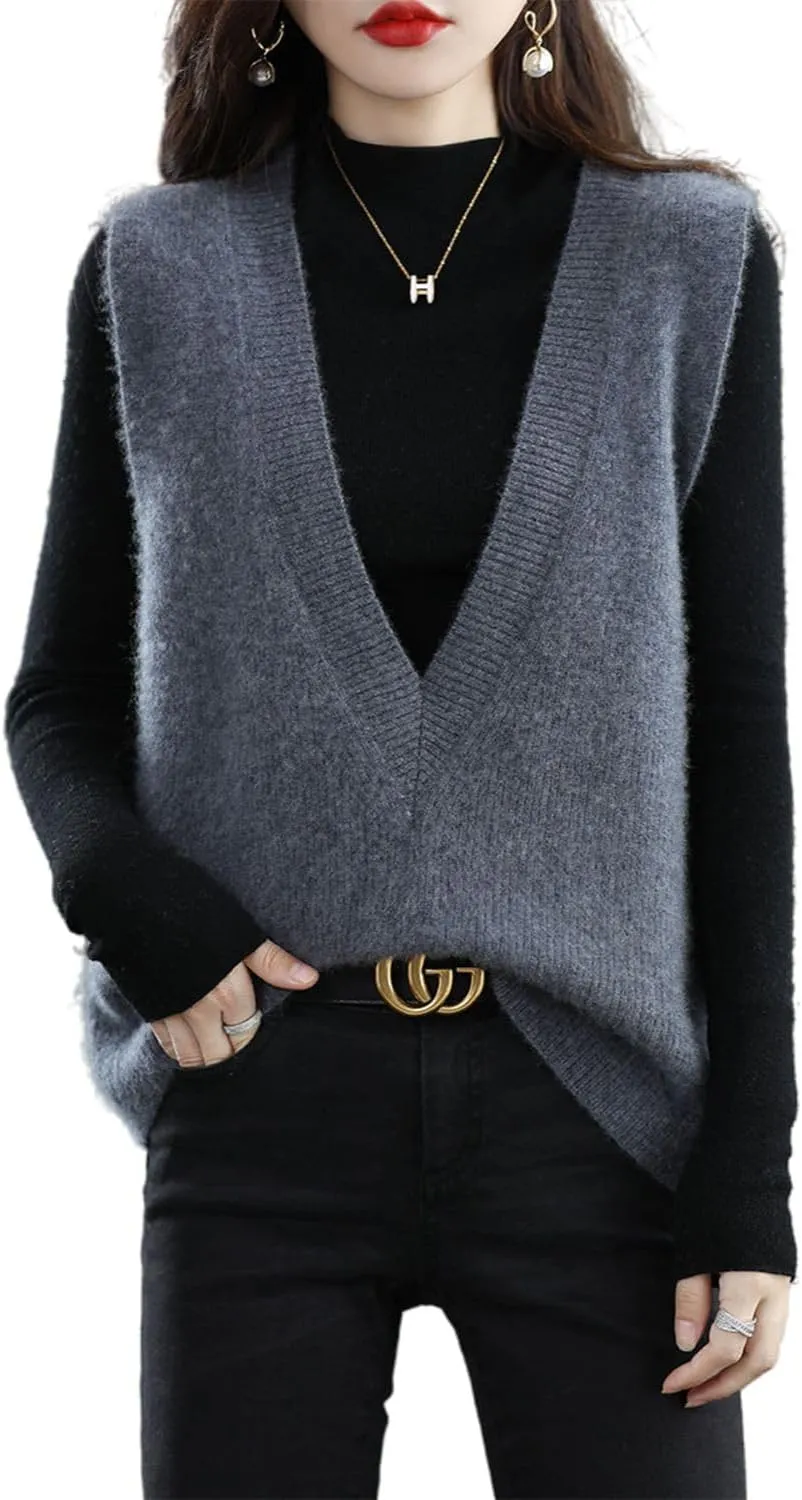 Women's Deep V-Neck Knitted Vest Sweater 100% Merino Wool Sleeveless Pullover Basic Blouse Short Tops
