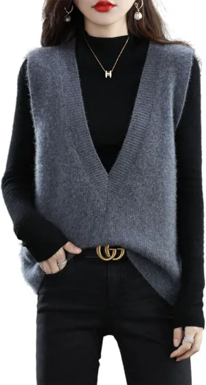 Women's Deep V-Neck Knitted Vest Sweater 100% Merino Wool Sleeveless Pullover Basic Blouse Short Tops
