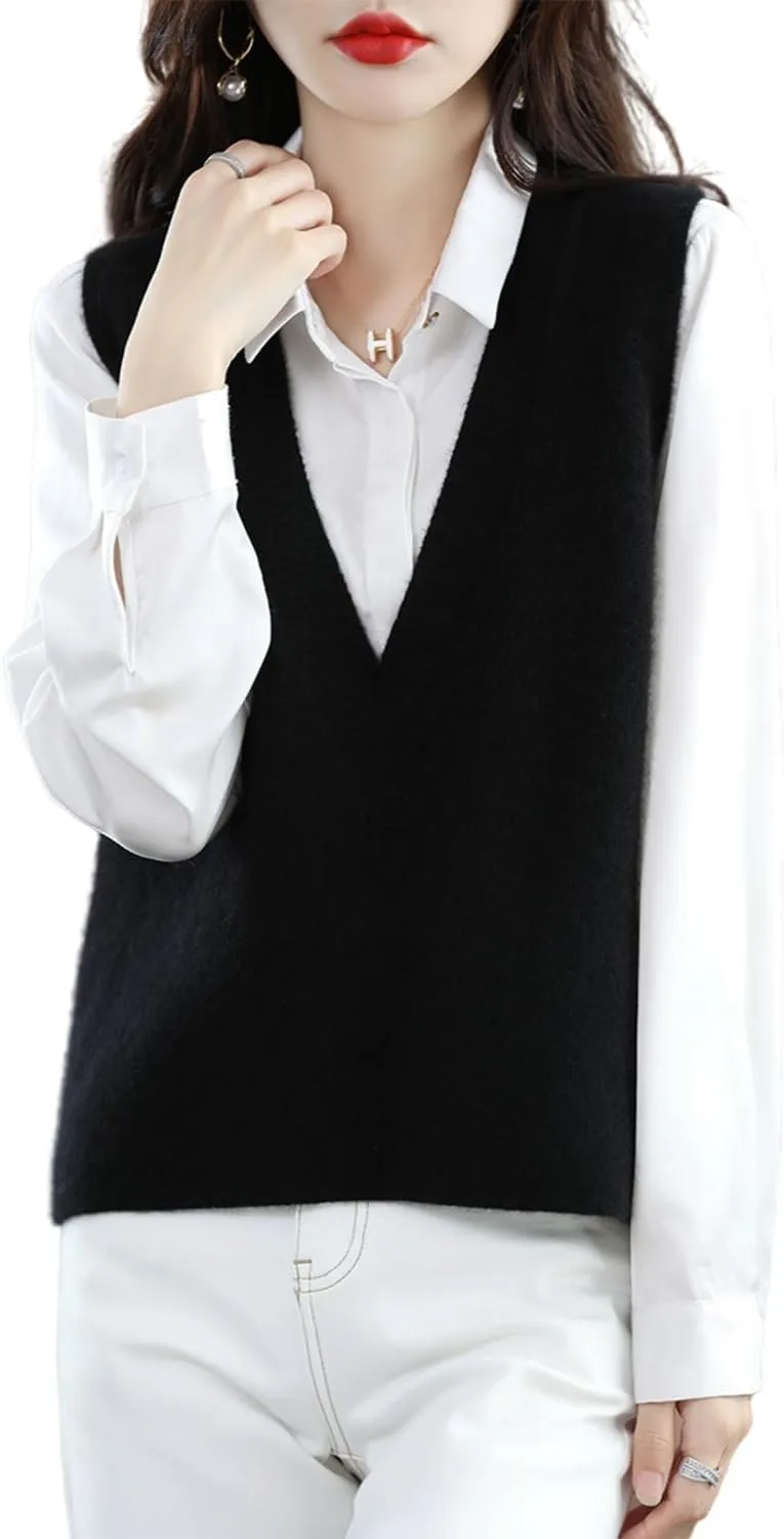 Women's Deep V-Neck Knitted Vest Sweater 100% Merino Wool Sleeveless Pullover Basic Blouse Short Tops