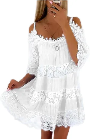Womens Floral Lace Cold Shoulder Dress Crochet Lace Trim Scoop Neck Ruffle Hem Vintage A-line Mini Cami Dress
