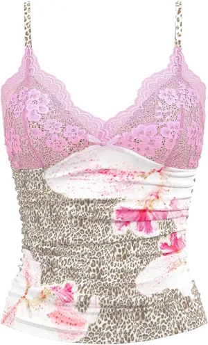 Women's Floral Leopard Camisole Y2k Cheetah Lace Backless Fitted Crop Cami Tops