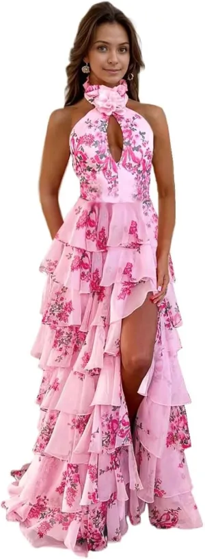 Women's Floral Prom Dresses Backless Chiffon Tiered Ruffles Formal Evening Party Dress with Slit