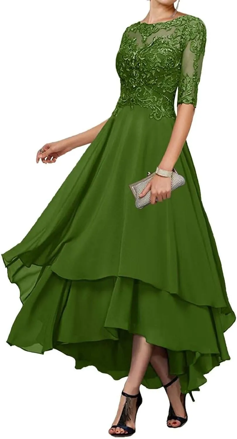 Women's Half Sleeves Mother of The Bride Dresses Tea Length Lace Chiffon Formal Party Gown with Pocket