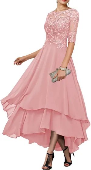 Women's Half Sleeves Mother of The Bride Dresses Tea Length Lace Chiffon Formal Party Gown with Pocket