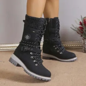 Women's High-Top Lace-Up Boots with Knit Cuff