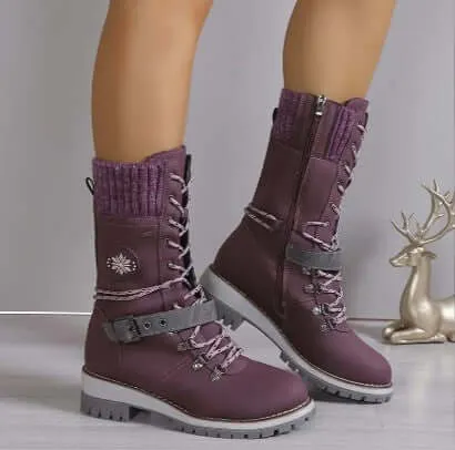 Women's High-Top Lace-Up Boots with Knit Cuff