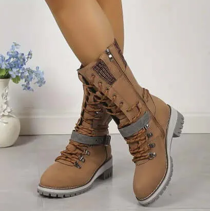 Women's High-Top Lace-Up Boots with Knit Cuff