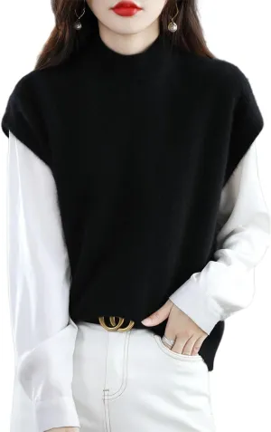 Women's Knitted Vest Mock Neck Sweater 100% Merino Wool Sleeveless Pullover Basic Blouse Short Tops