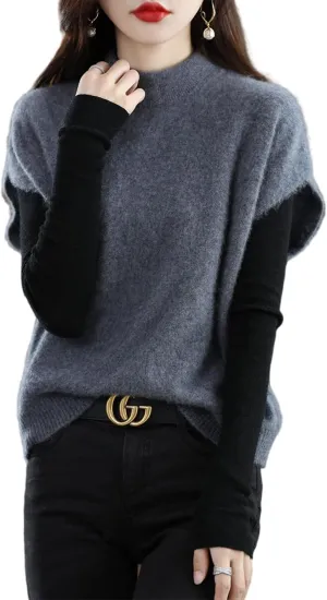 Women's Knitted Vest Mock Neck Sweater 100% Merino Wool Sleeveless Pullover Basic Blouse Short Tops