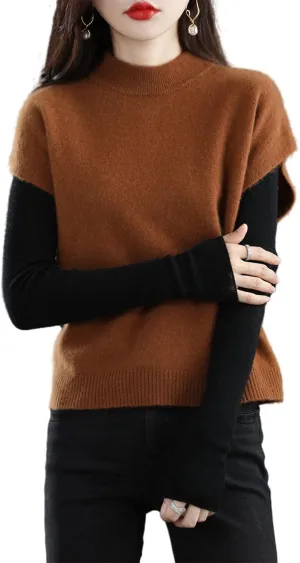 Women's Knitted Vest Mock Neck Sweater 100% Merino Wool Sleeveless Pullover Basic Blouse Short Tops