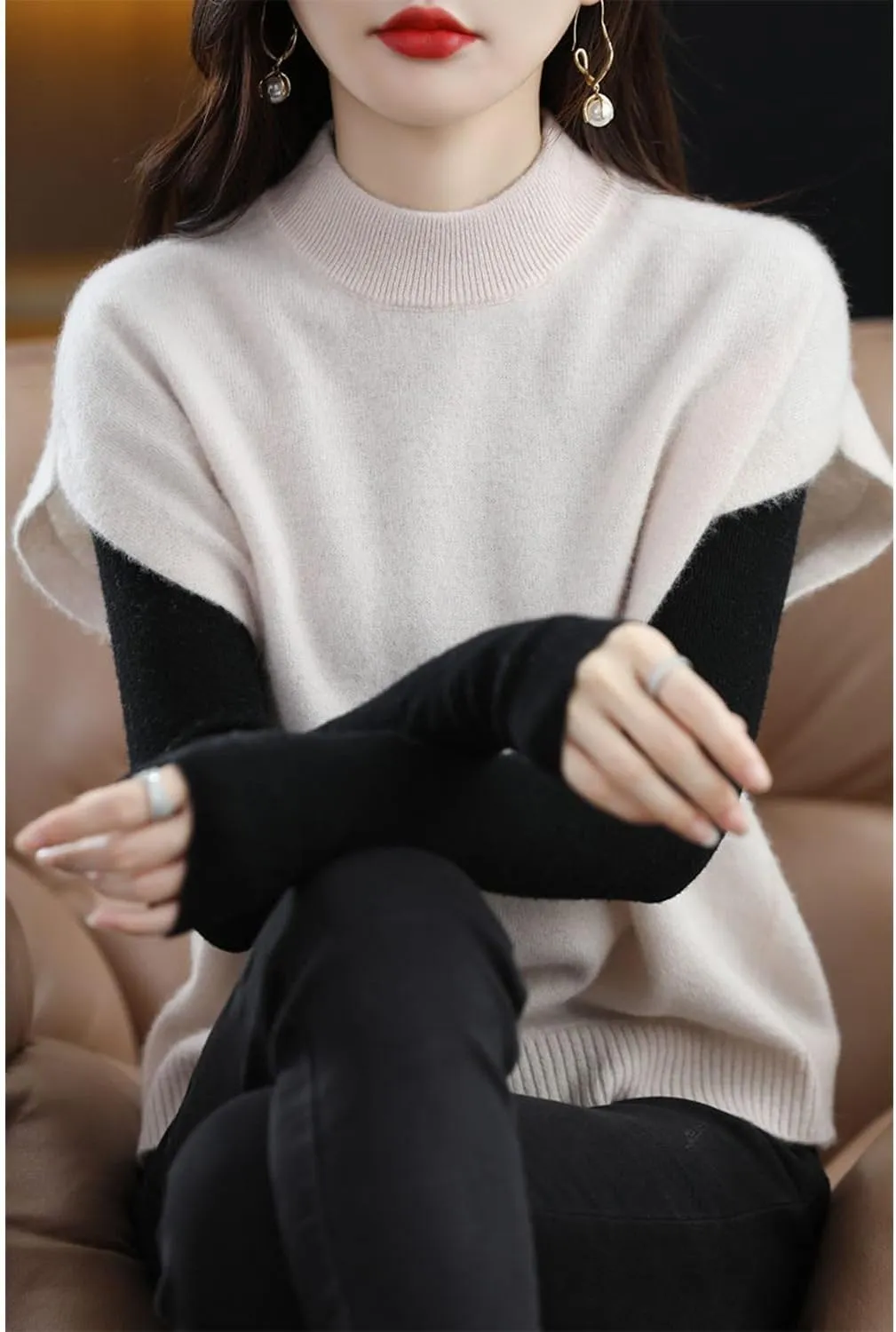 Women's Knitted Vest Mock Neck Sweater 100% Merino Wool Sleeveless Pullover Basic Blouse Short Tops
