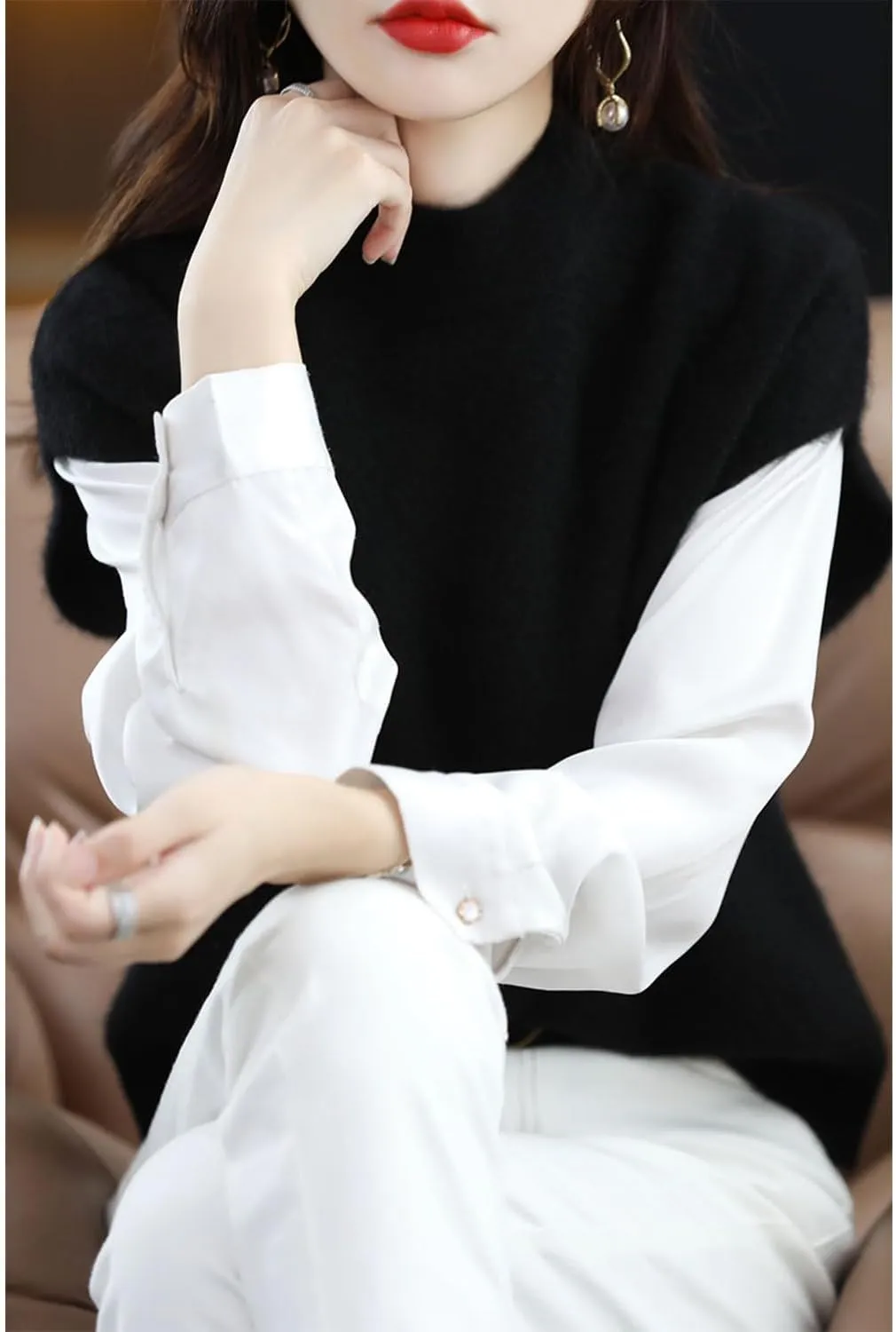 Women's Knitted Vest Mock Neck Sweater 100% Merino Wool Sleeveless Pullover Basic Blouse Short Tops