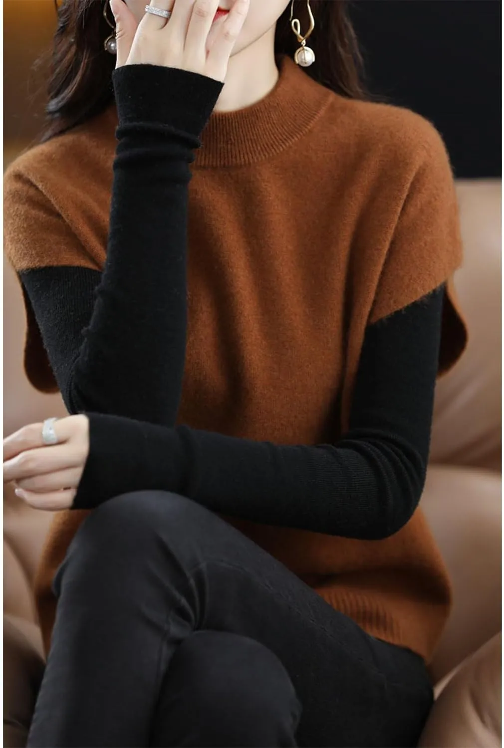Women's Knitted Vest Mock Neck Sweater 100% Merino Wool Sleeveless Pullover Basic Blouse Short Tops