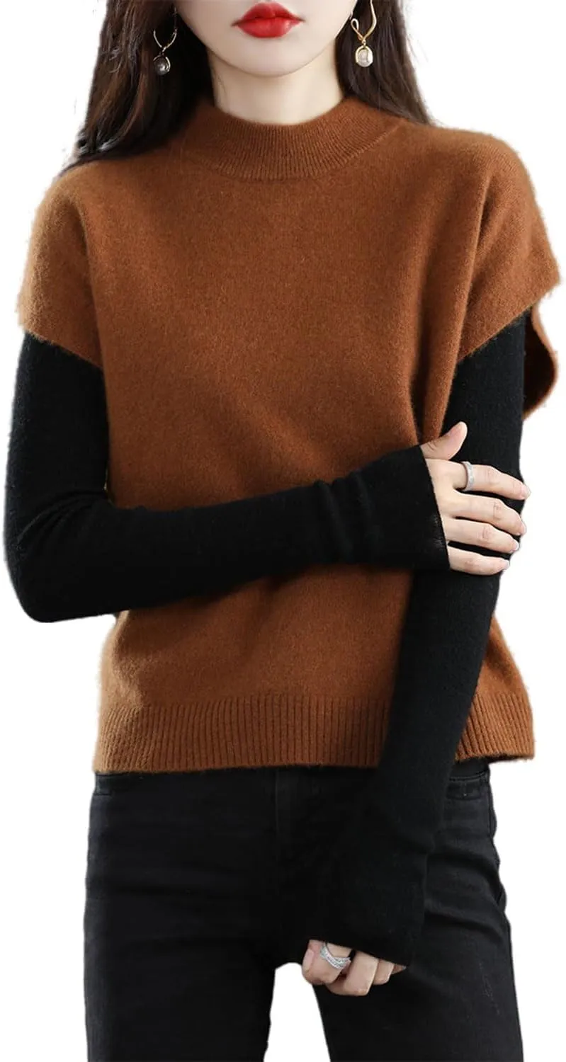 Women's Knitted Vest Mock Neck Sweater 100% Merino Wool Sleeveless Pullover Basic Blouse Short Tops