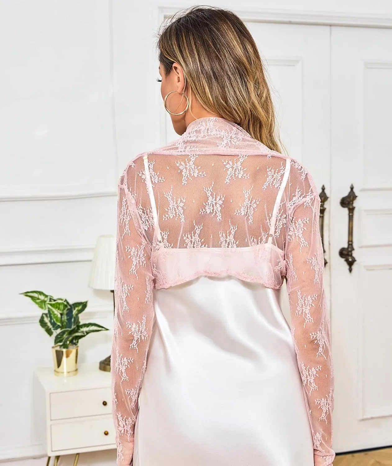 Women's Lace Shrug Sheer Mesh Cropped Cardigan Bolero Long Sleeve Open Front Shawl Crop Dress Cover Top
