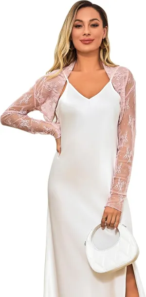 Women's Lace Shrug Sheer Mesh Cropped Cardigan Bolero Long Sleeve Open Front Shawl Crop Dress Cover Top