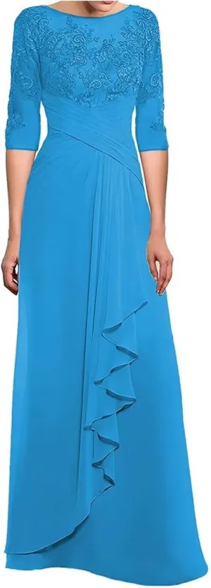 Women's Laces Appliques Mother of The Bride Dresses with Sleeves Long Chiffon Wedding Guest Dresses