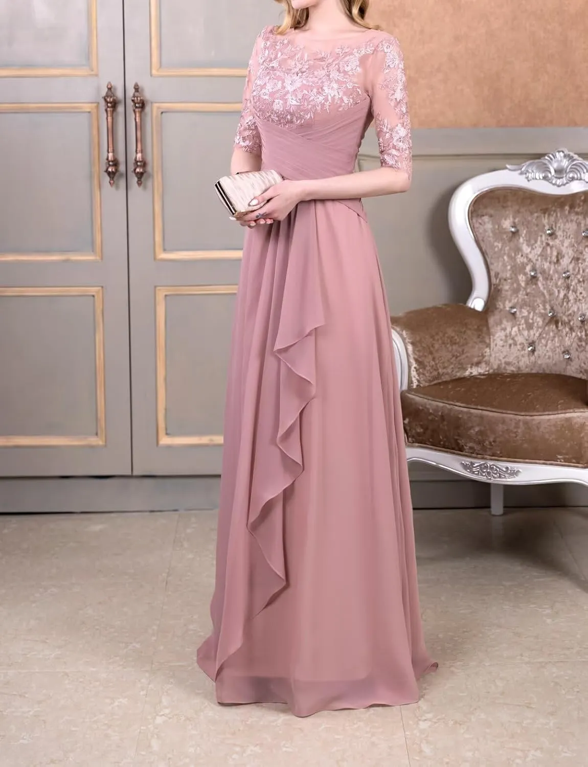 Women's Laces Appliques Mother of The Bride Dresses with Sleeves Long Chiffon Wedding Guest Dresses