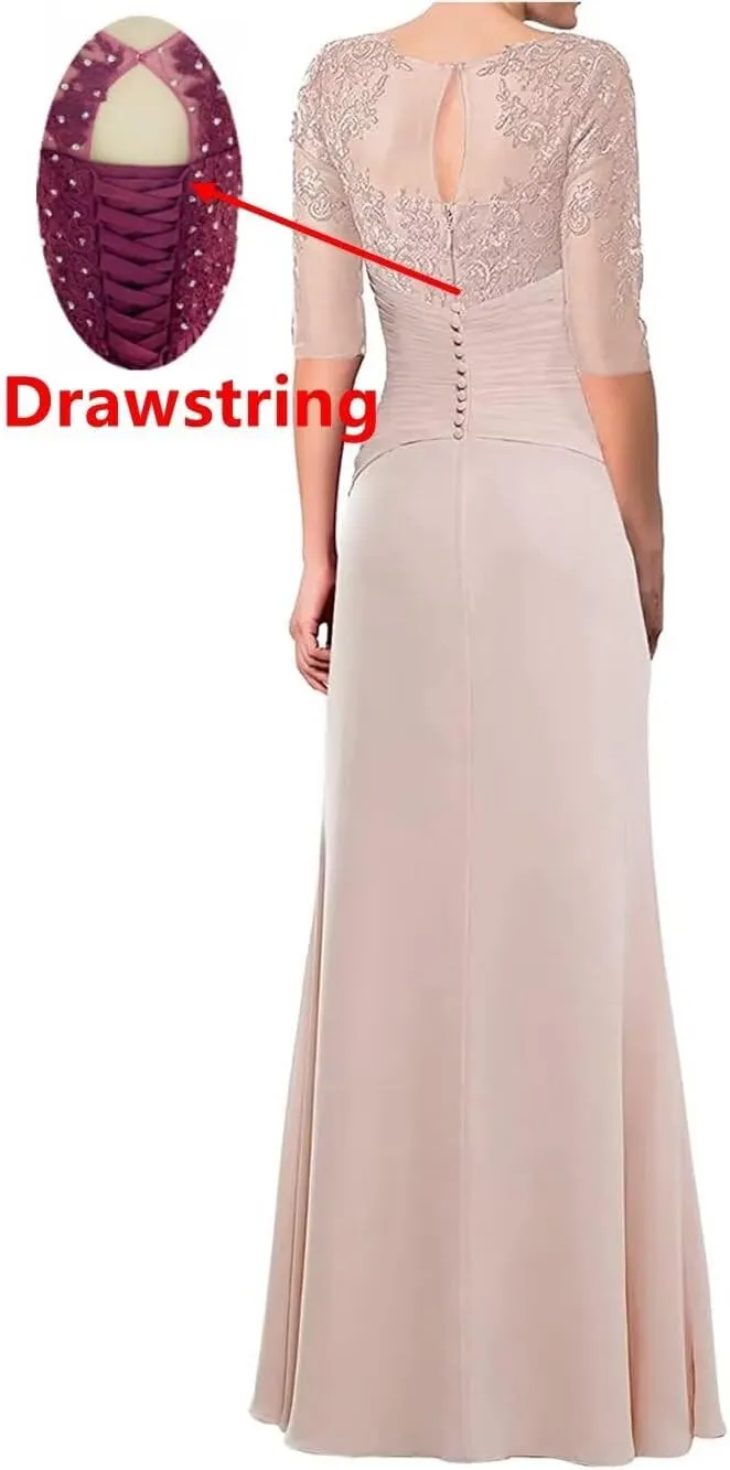 Women's Laces Appliques Mother of The Bride Dresses with Sleeves Long Chiffon Wedding Guest Dresses