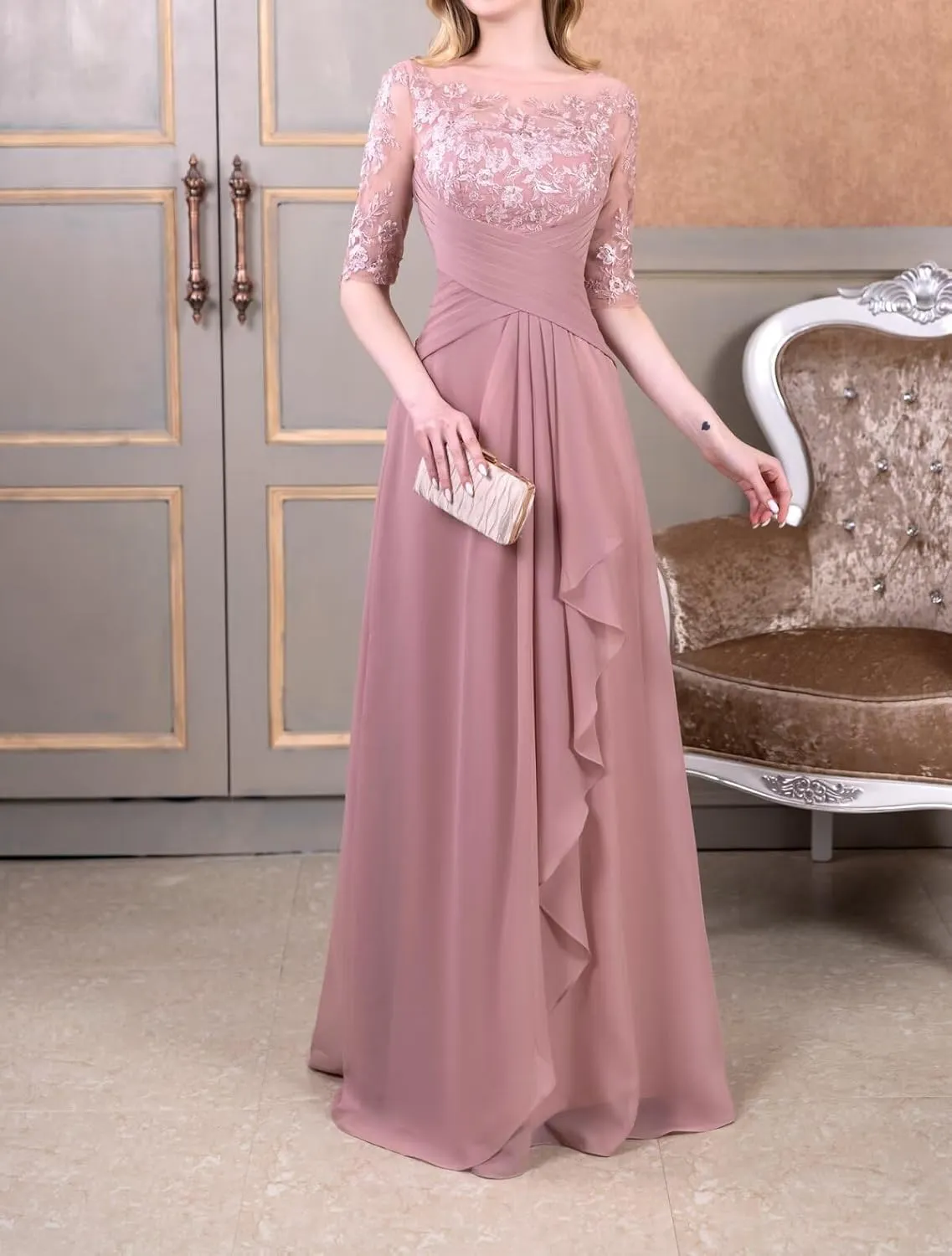 Women's Laces Appliques Mother of The Bride Dresses with Sleeves Long Chiffon Wedding Guest Dresses