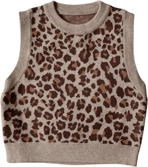 Women's Leopard Print Crop Sweater Vest Round Neck Sleeveless Knit Pullover Top Multicolor Large