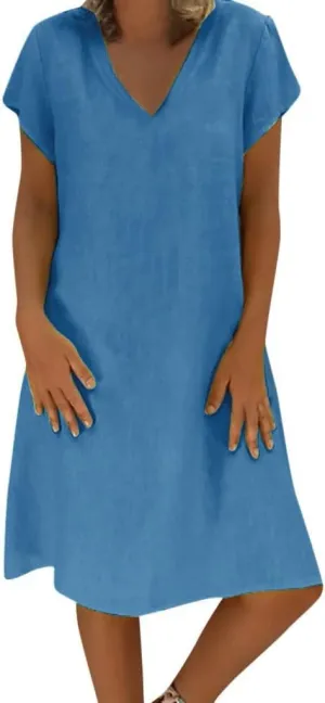 Womens Linen Short Sleeve Midi Dress V Neck Baggy Plus Size Summer Casual Flowy Loose Fit Vacation Long Dress