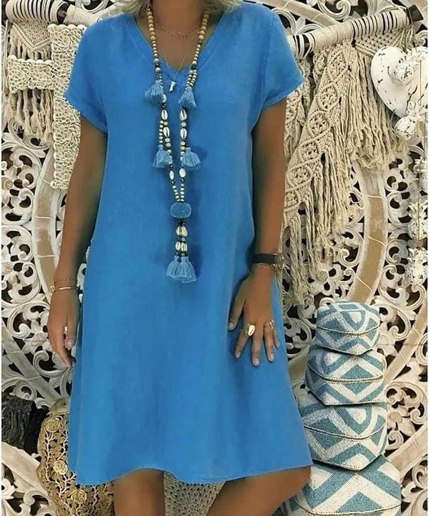 Womens Linen Short Sleeve Midi Dress V Neck Baggy Plus Size Summer Casual Flowy Loose Fit Vacation Long Dress