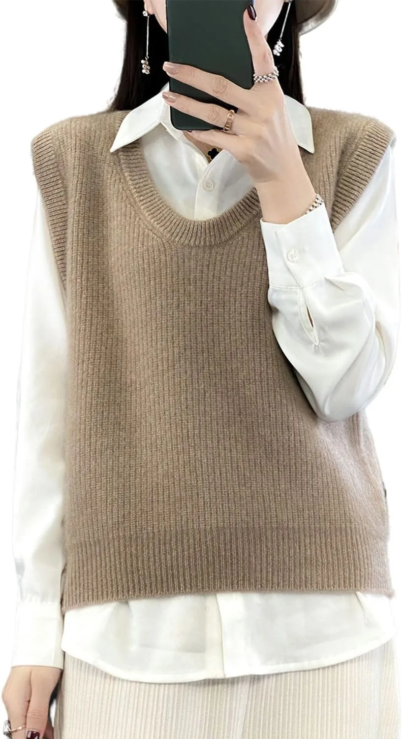 Women's O-Neck Knit Sweater Vest Merino Wool Sleeveless Thick Pullover Vest Short Tops