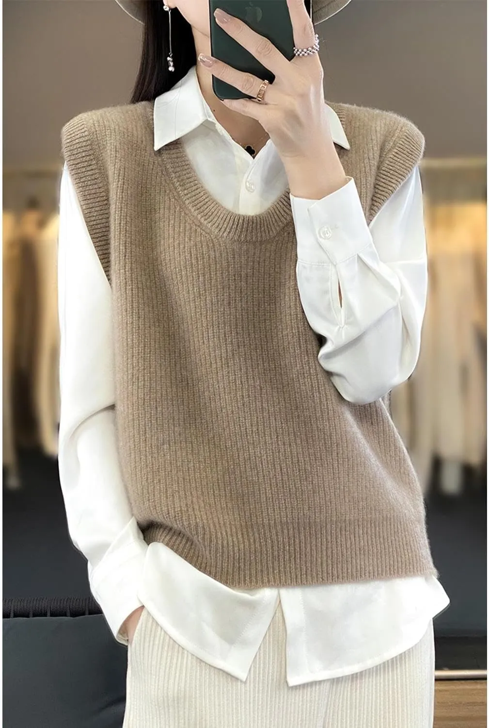 Women's O-Neck Knit Sweater Vest Merino Wool Sleeveless Thick Pullover Vest Short Tops