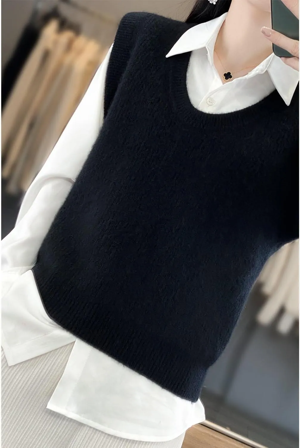 Women's O-Neck Knit Sweater Vest Merino Wool Sleeveless Thick Pullover Vest Short Tops