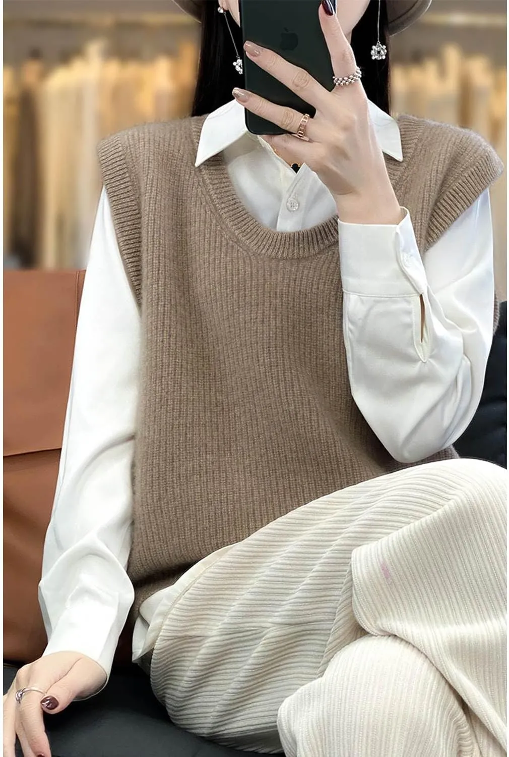Women's O-Neck Knit Sweater Vest Merino Wool Sleeveless Thick Pullover Vest Short Tops