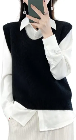 Women's O-Neck Knit Sweater Vest Merino Wool Sleeveless Thick Pullover Vest Short Tops