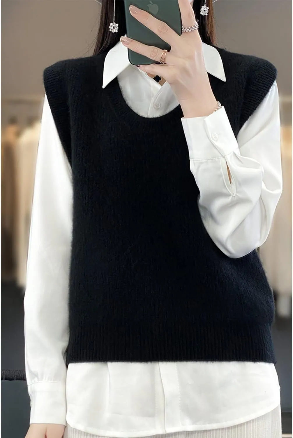 Women's O-Neck Knit Sweater Vest Merino Wool Sleeveless Thick Pullover Vest Short Tops