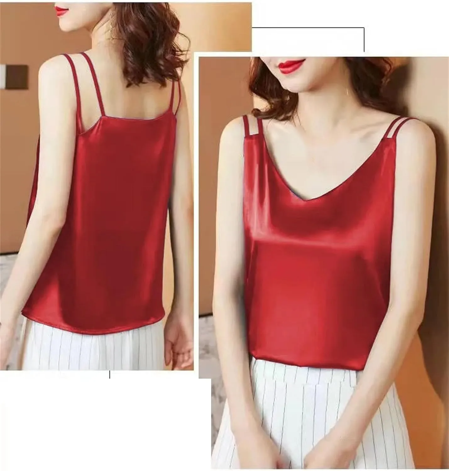 Women's Oversized Camisole Outside V-Neck With Sleeveless Vest Satin Bottom Tops