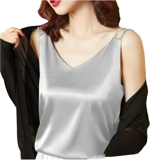 Women's Oversized Camisole Outside V-Neck With Sleeveless Vest Satin Bottom Tops