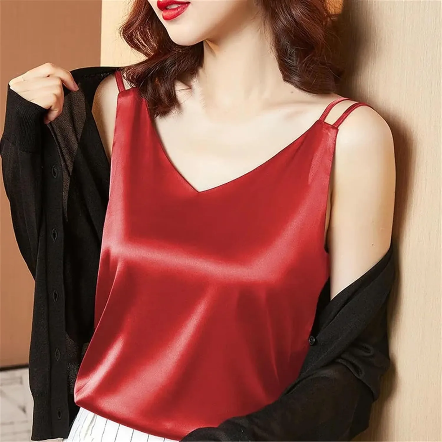 Women's Oversized Camisole Outside V-Neck With Sleeveless Vest Satin Bottom Tops