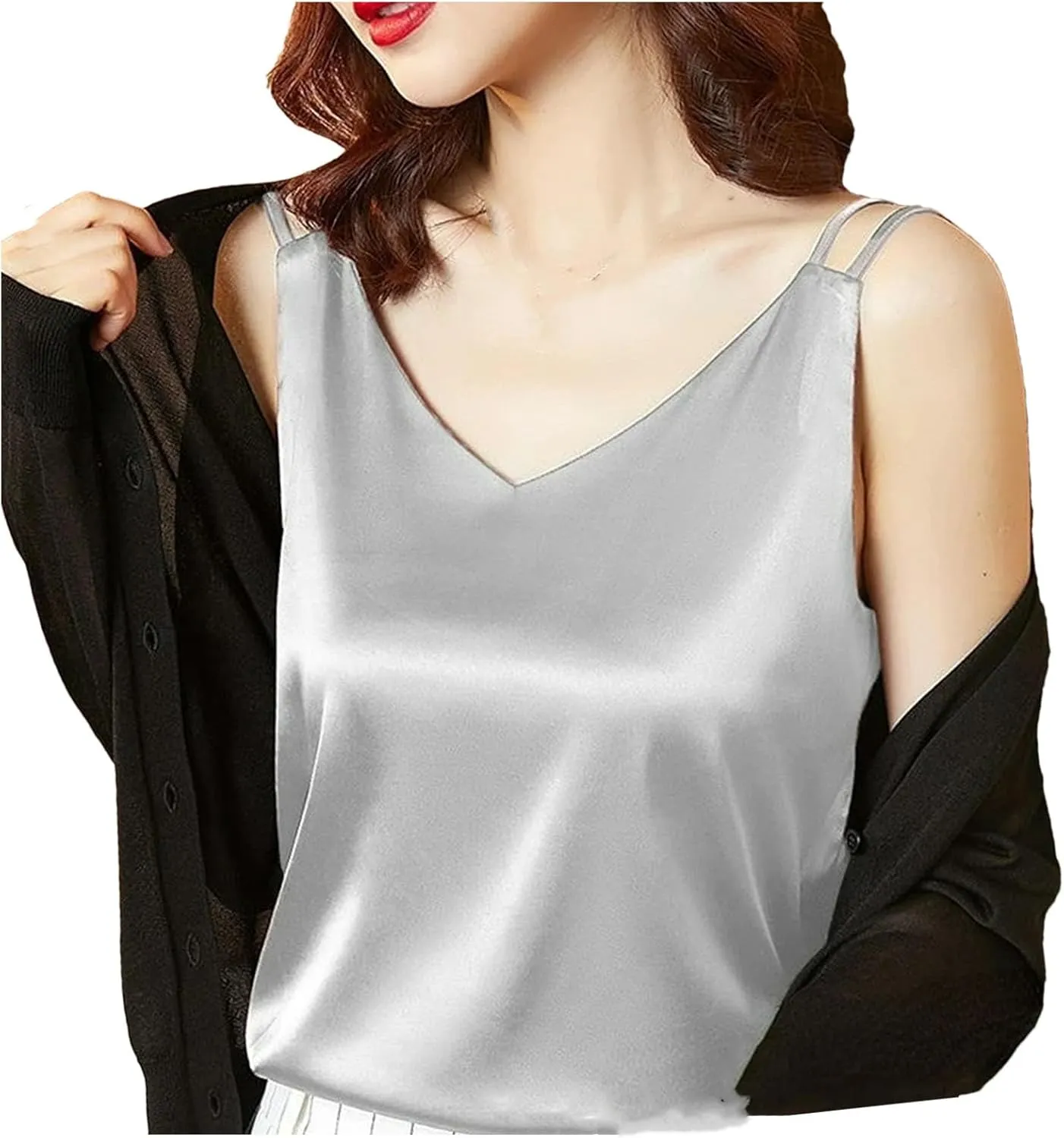 Women's Oversized Camisole Outside V-Neck With Sleeveless Vest Satin Bottom Tops
