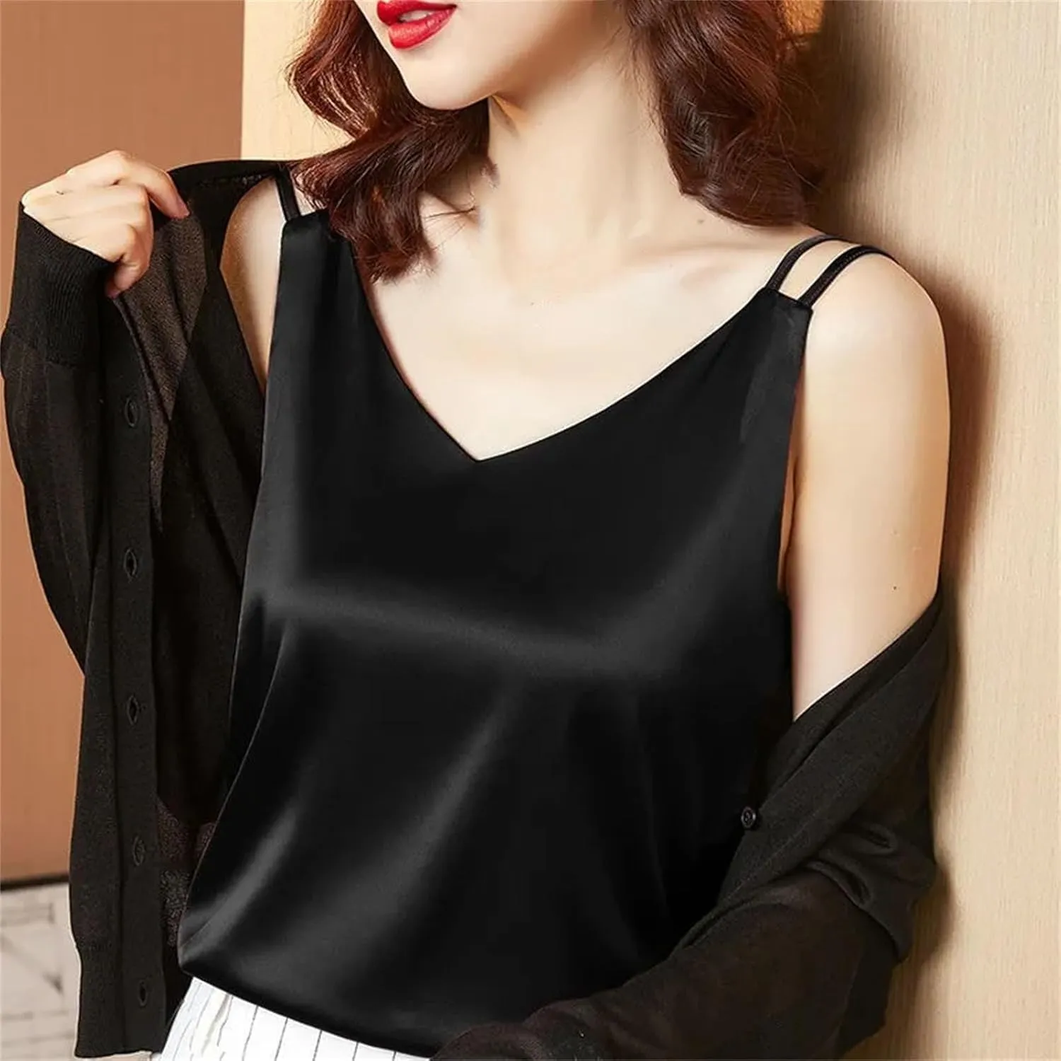 Women's Oversized Camisole Outside V-Neck With Sleeveless Vest Satin Bottom Tops