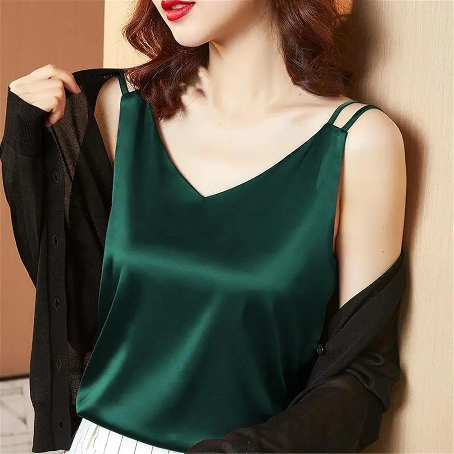 Women's Oversized Camisole Outside V-Neck With Sleeveless Vest Satin Bottom Tops