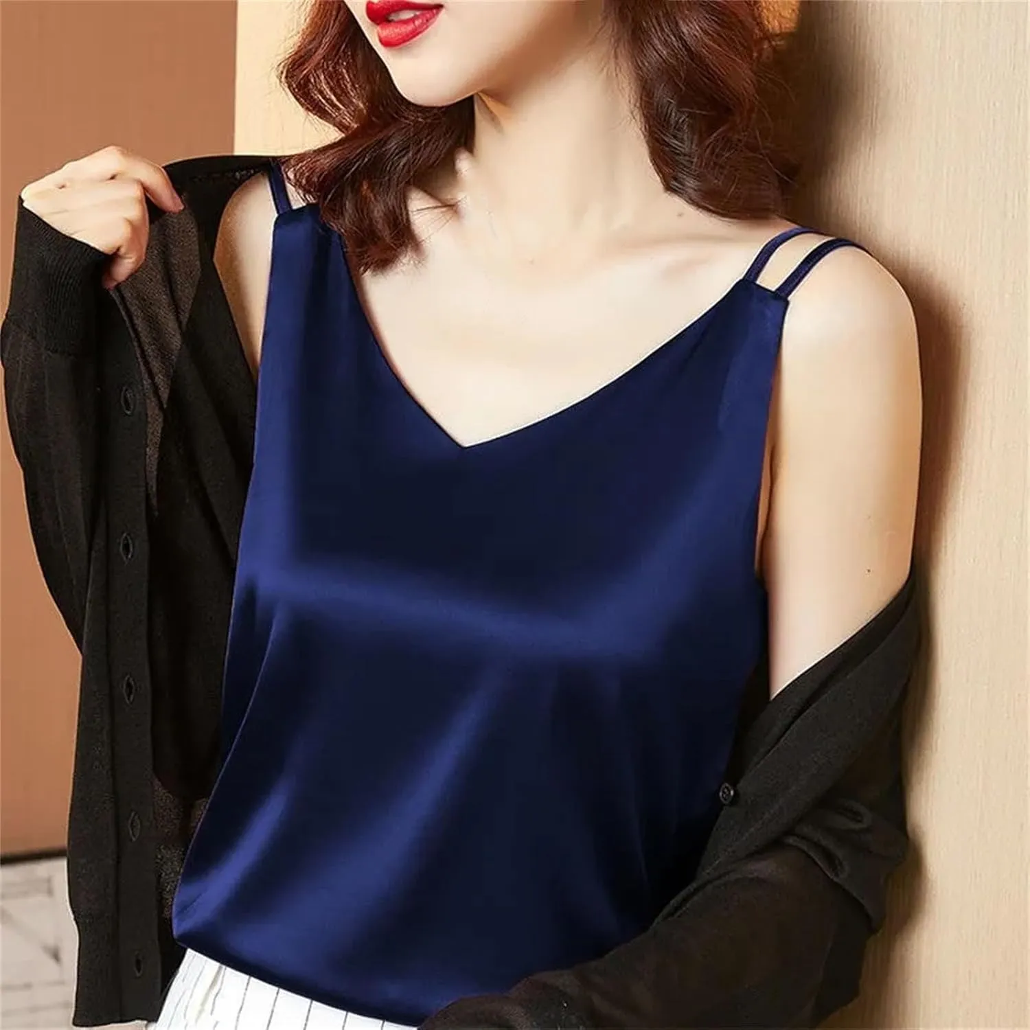 Women's Oversized Camisole Outside V-Neck With Sleeveless Vest Satin Bottom Tops