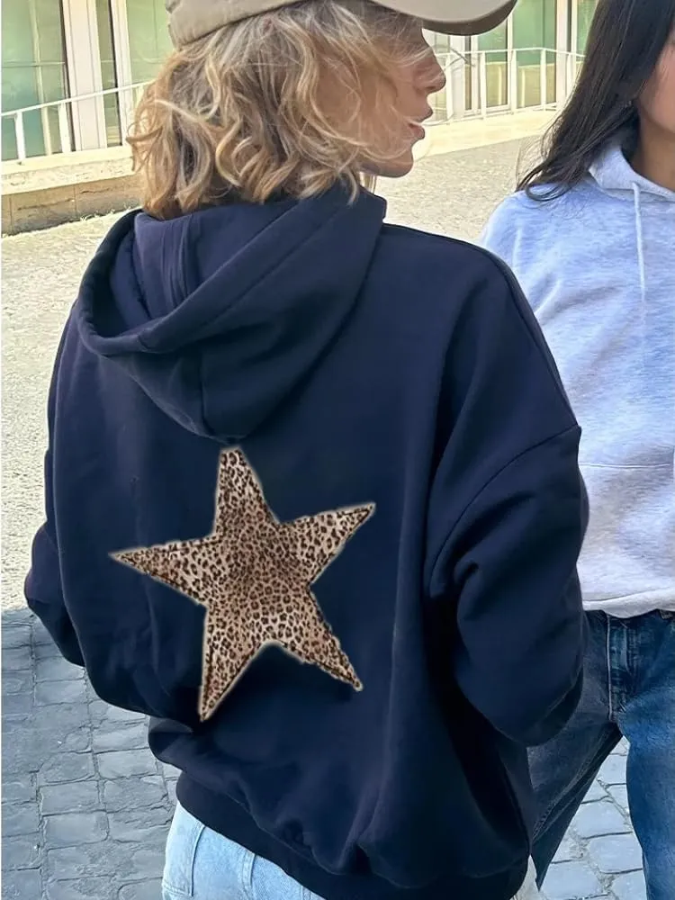 Womens Oversized Hoodies Leopard Star Print Y2k Hooded Sweatshirt Trendy Vintage Unisex Pullover Tops with Pocket