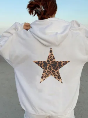 Womens Oversized Hoodies Leopard Star Print Y2k Hooded Sweatshirt Trendy Vintage Unisex Pullover Tops with Pocket